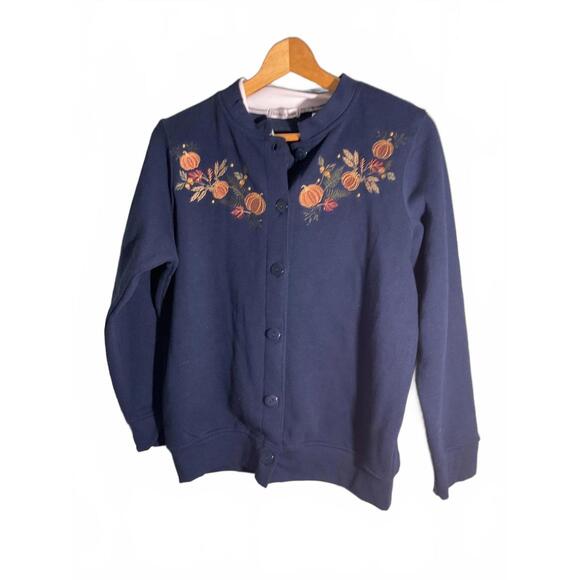 Bonnie Evans Navy Blue Button-Up Sweater with Embroidered Pumpkin  Petite Small - Picture 1 of 4